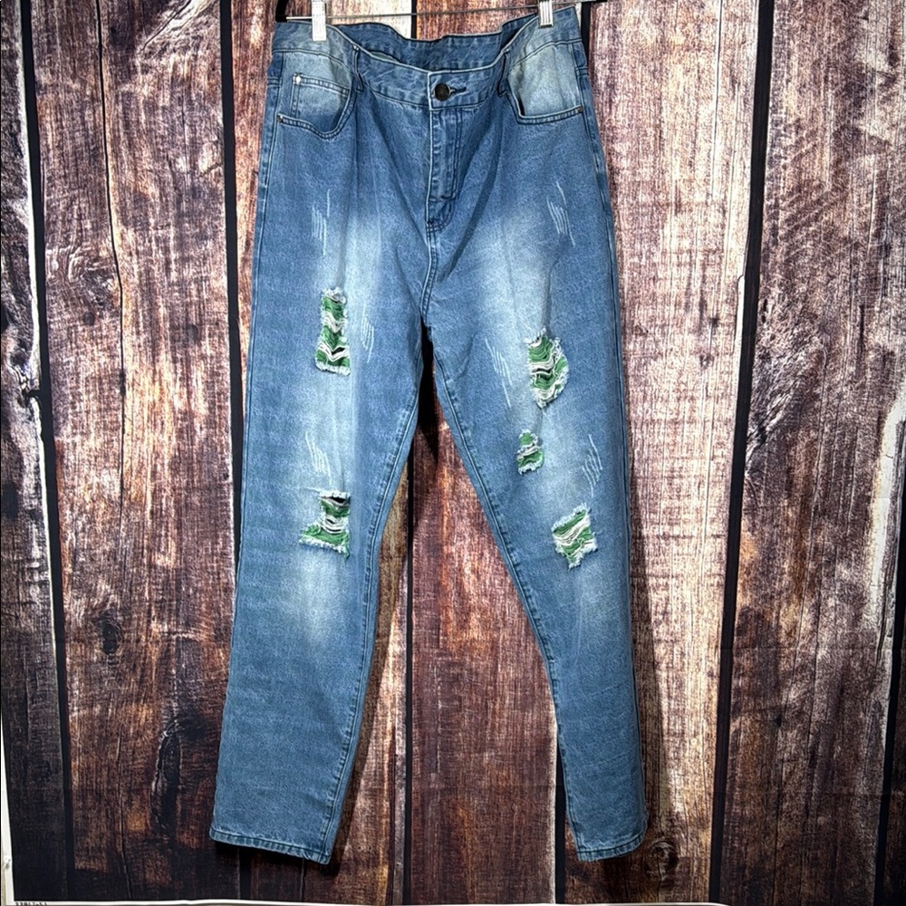 Baggy Men’s Relaxed Blue & Green Jeans Distressed Details Hip Hop Y2K sz38 NWT‎